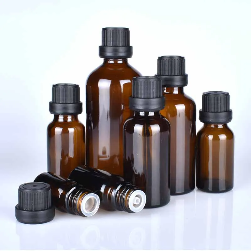 12pcs/Lot 5-100ml Empty Amber Boston Round Glass Essential Oil Bottle with Big Orifice Reducer Tamper Evident Cap