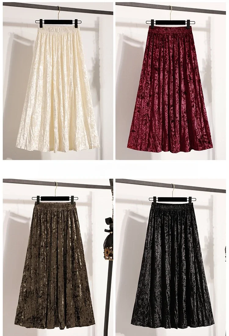 Burgunderroter Plissierter Samt-Midi-Rock für Damen, A-Linie, Herbst/Winter 2026, Vielseitig, Figurbetont, Mittellang, Lässig, Vielseitige Halbrocke – Detail 2