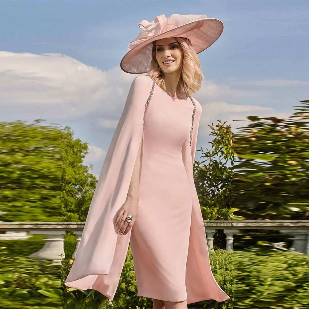 

Pastrol Wedding Guest Woman Dresses Crepe Fabric Column Party Dress Pink O-Neck Cloak Sleeves Beads Mother of the Bride Dresses