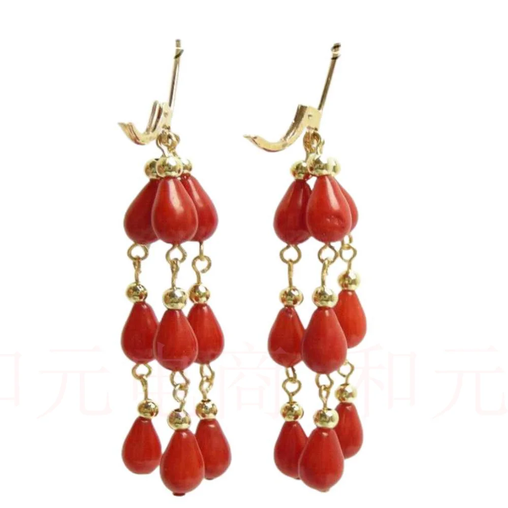 AAA Genuine 100% natural red coral earrings 14K gold hoop Dangle Accessories Fashion Diy Party Mother\'s Day Aquaculture Wedding