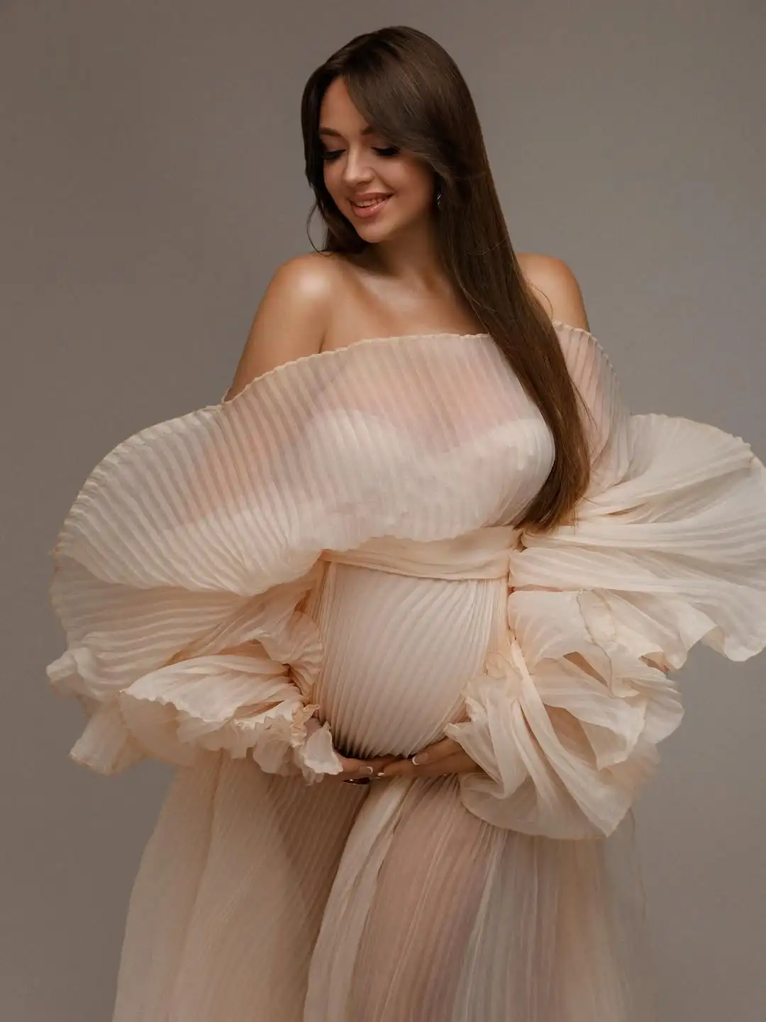 Nuovo arrivo abito premaman in organza plissettato servizio fotografico popolare maniche a sbuffo abiti premaman trasparenti gravidanza abito da baby shower