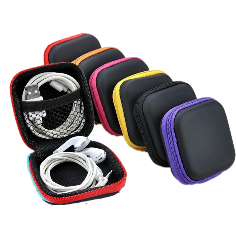 Estuche portátil con cremallera para auriculares, caja de almacenamiento con forma cuadrada, de cuero PU, con línea de carga, Cable de datos USB,