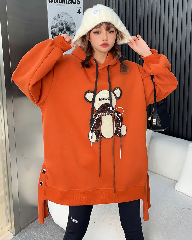 Loose Casual Mid-Length Fleece Padded Hooded Sweatshirts Women Autumn Winter Fun Cartoon Embroidered Bow Hoodies Female