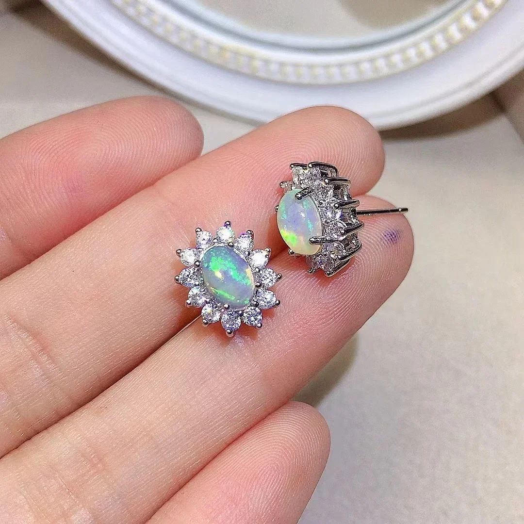 

Классические серебряные серьги-гвоздики с натуральным опалом, 5 мм * 7 мм, серьги для повседневного ношения, ювелирные изделия из твердого серебра 925 пробы с опалом