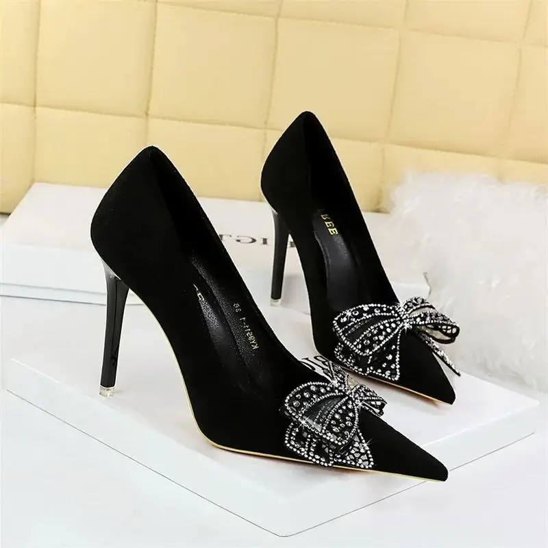 Spring New Women Fashion Pumps Pointed Toe Rhinestone Bow knot Thin High Heels Shoes Luxury Elegant Party Single Shoes