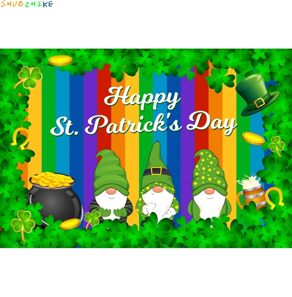 Tło fotograficzne na Dzień Świętego Patryka Szczęście Zielone Liście Złoto Dziecko Urodziny Dekoracja Baner Rekwizyt do Studia Fotograficznego