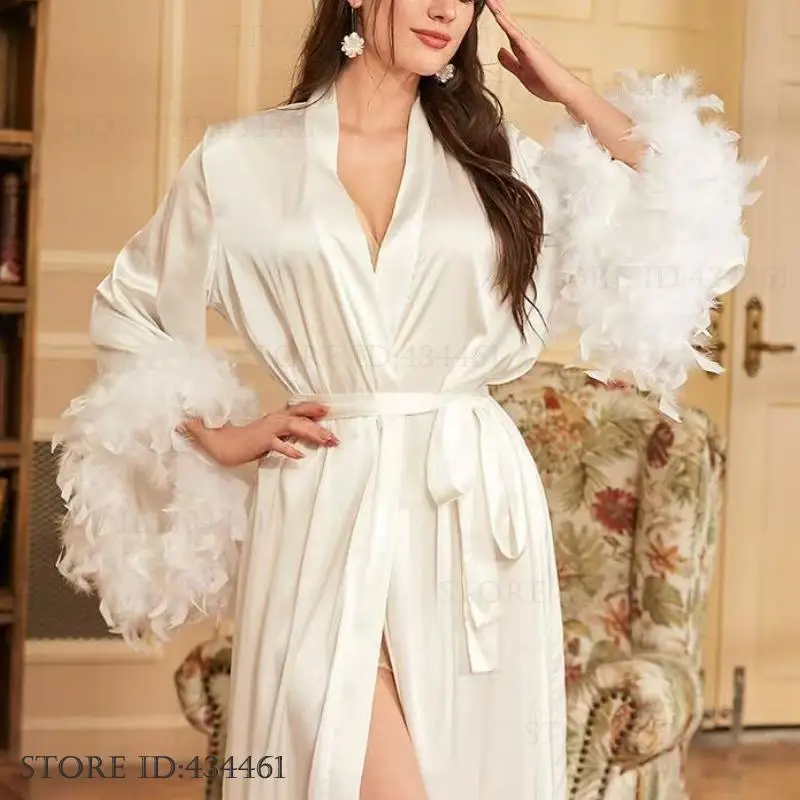 

Luxury Wedding Long Robe Dress with Feather Sleeves Bride Morning Kimono Gown Bathrobe Yukata Sexy Satin Sleepwear Homewear