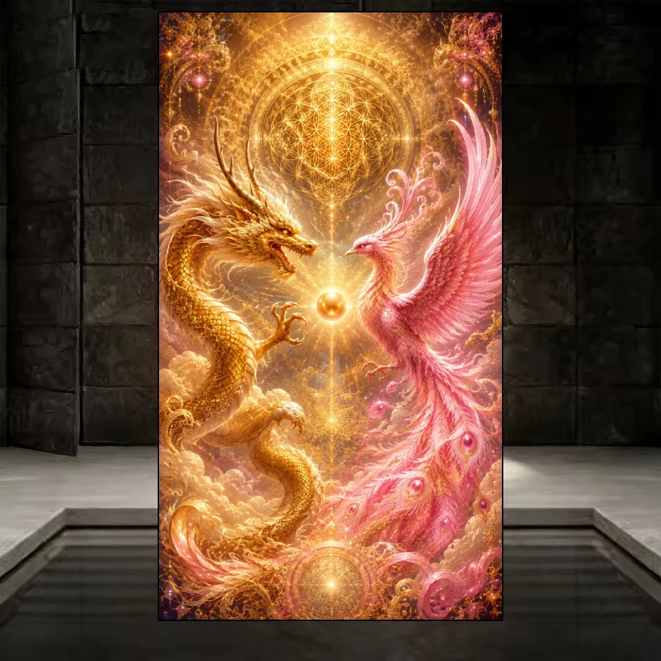 Wealth, Large scale Chinese Mythology, Golden Dragon, Phoenix Art, Luxury Phoenix Dream, 5DDIY Diamond Painting, Mosaic Image