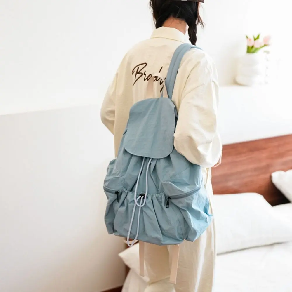 Cute Korean Style Drawstring Backpack Fold Niche Design Light Soft Nylon Bag Large Capacity Book Bag Shoulder Bag Girls