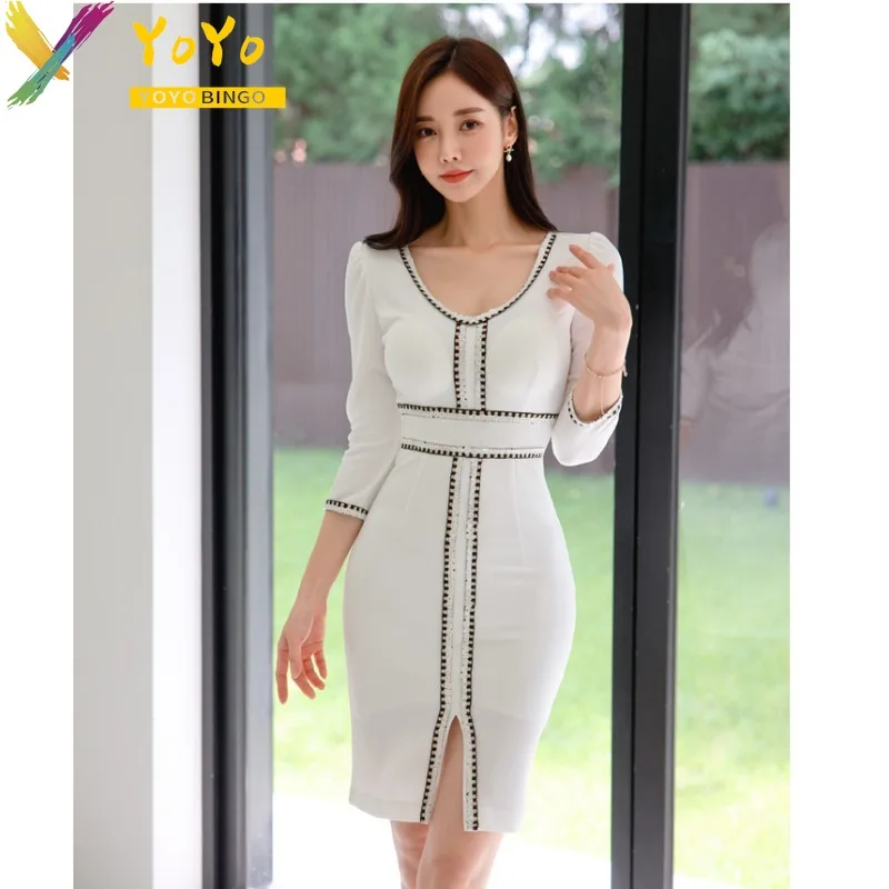 Elegant White Striped 3/4 Sleeve O-neck Simple Pencil Dress Women Office Autumn/Winter Slim Bodycon Chic Work Dress