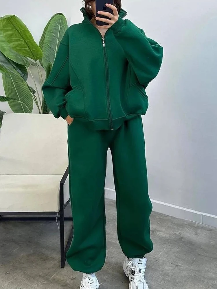 2024 Sport 2 Piece Set Women New Loose Solid Fit Two Piece Outfit T Shirt Tops + Pants Suit Autumn Winter Lady Zip Tracksuit Set