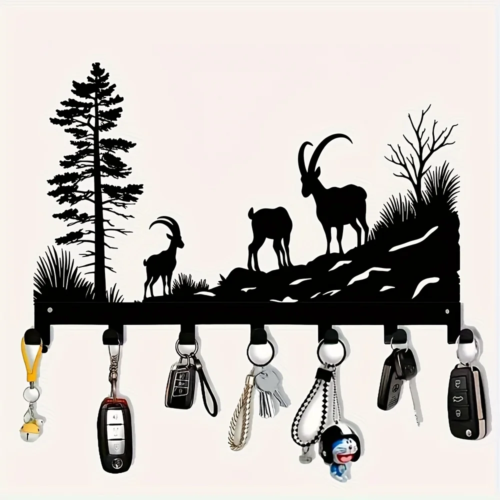 CIFBUY Wrought Iron Wall Decor Heavy Duty Key Hook Non Slip Storage Rack Black Gothic Deer Mountain Contour Design For Entryway