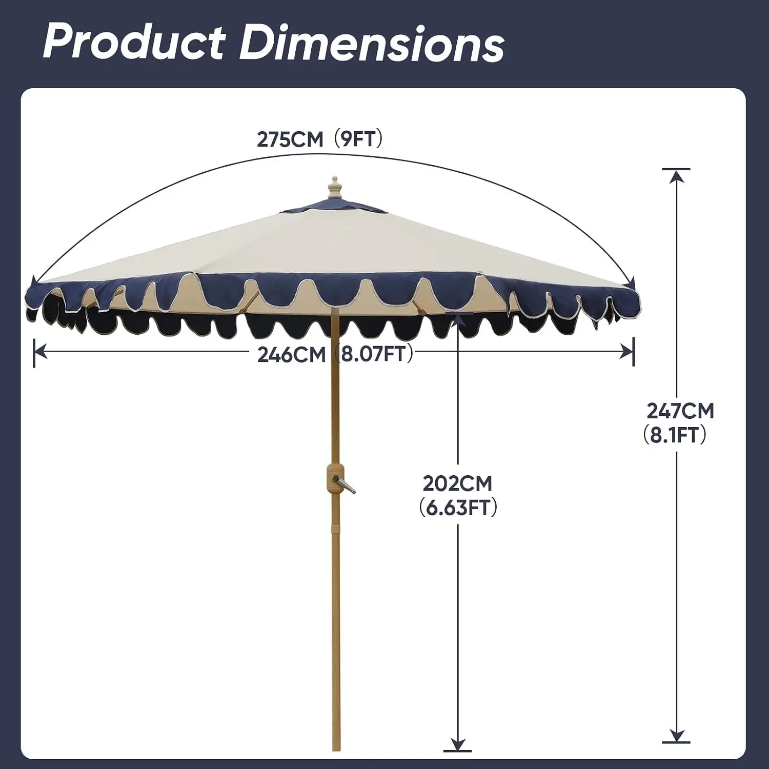 9FT Outdoor Patio Umbrella with Wavy edge,Push-Button Tilt & Easy Crank Lift,Heavy-Duty Metal Frame, 8 Ribs with Ventilated Cano