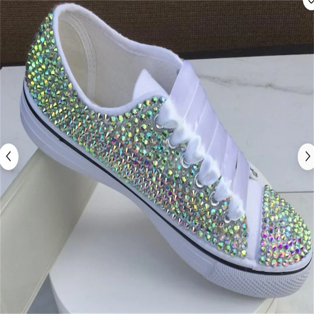 Beige low top color rhinestone ribbon custom style canvas shoes integrated sports casual shoes women\'s shoes 35-46