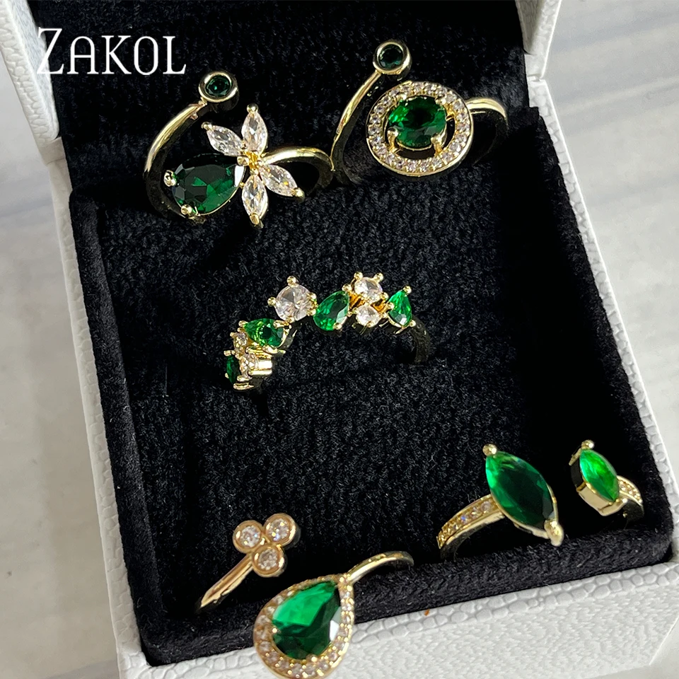 ZAKOL Vintage Green Zircon Adjustable Open Ring for Women Fashion Gold Color Plated Finger Rings Party Jewelry