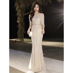 Champagne Sequin Evening Dresses 2024 Elegant Round Neck Floor-Length Mermaid Women Prom Dresses Long