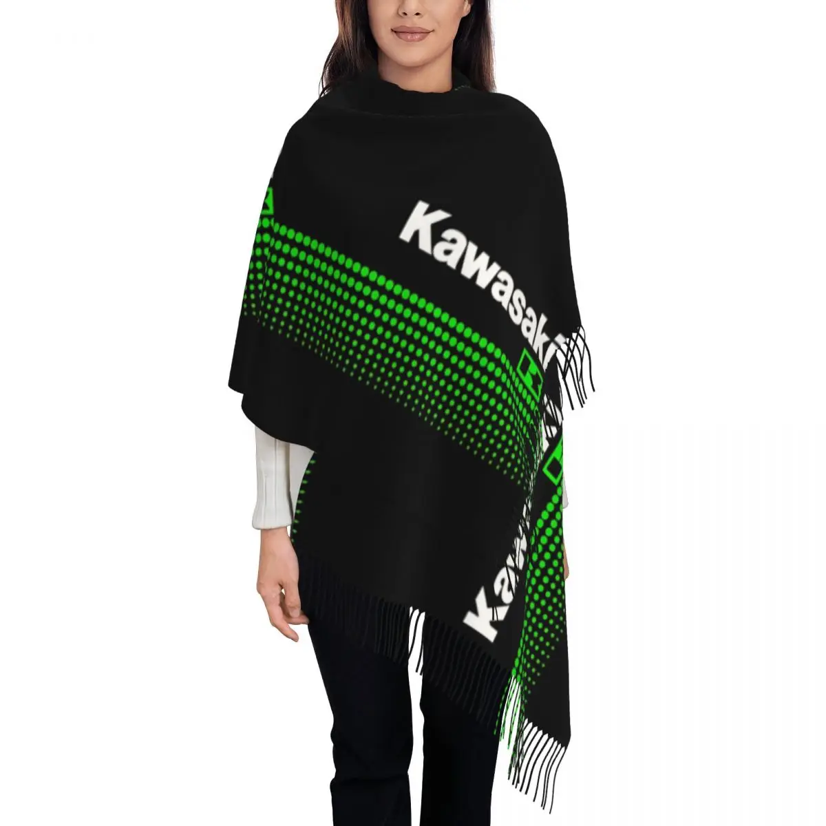 S-Kawasakis-Moto Motorcycle Rider Racing Shawls Wraps Womens Winter Warm Large Long Scarf Neckerchief Tassel Scarves