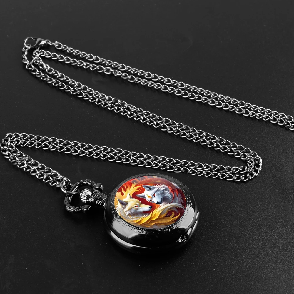 Exquisite Royal Wolf Glass Dome Quartz Pocket Watch Necklace Pendant Gifts For Women Man with Fob Chain