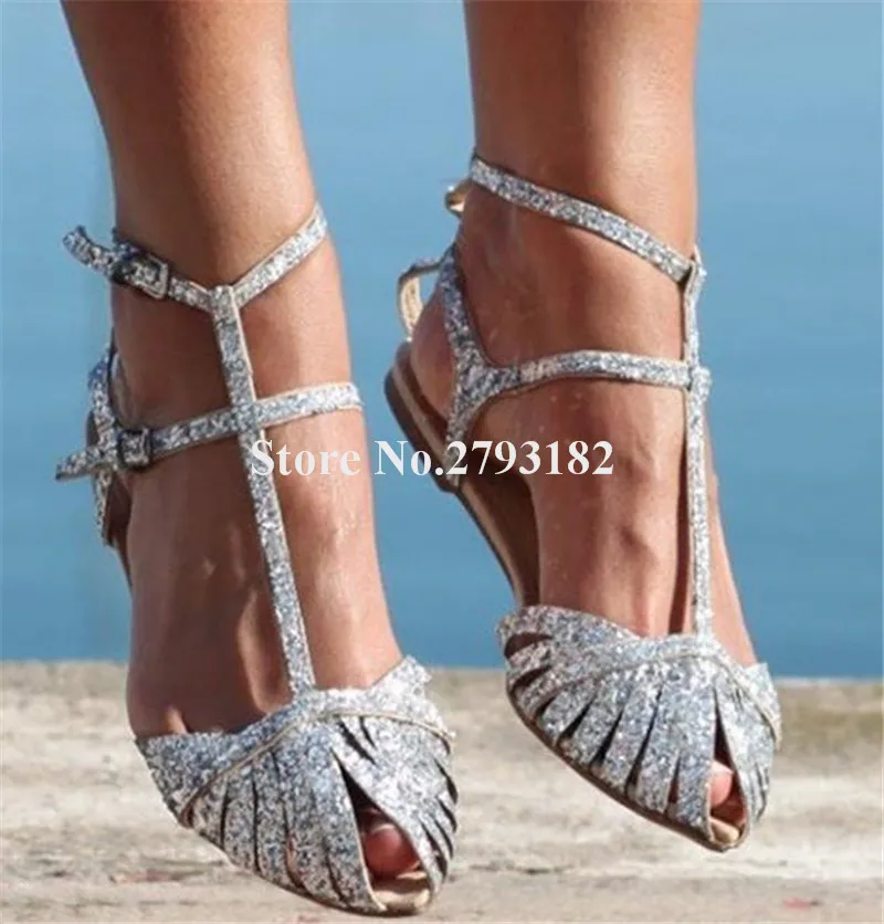 Sandali piatti con paillettes brillanti estate più recente Peep Toe argento luccica cinturini scarpe basse t-strap Bling Bling scarpe da sposa