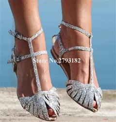 Sandali piatti con paillettes brillanti estate più recente Peep Toe argento luccica cinturini scarpe basse t-strap Bling Bling scarpe da sposa