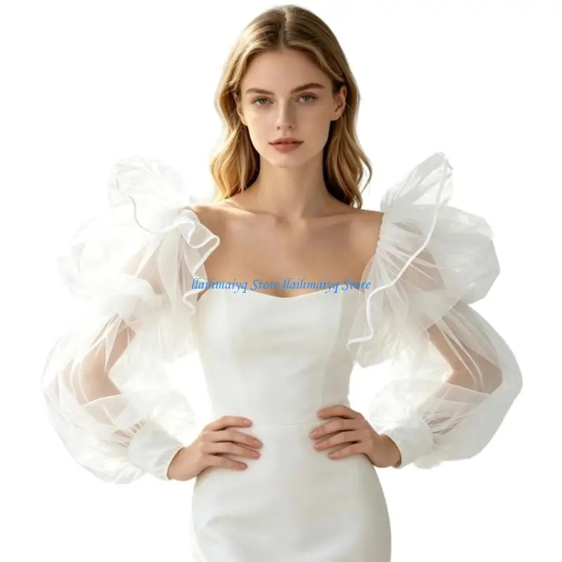 573B Romance White Organza Arm Sleeves With Puff Design Bubble Arm Covers For Formal Event Wedding Ceremony Dressingup