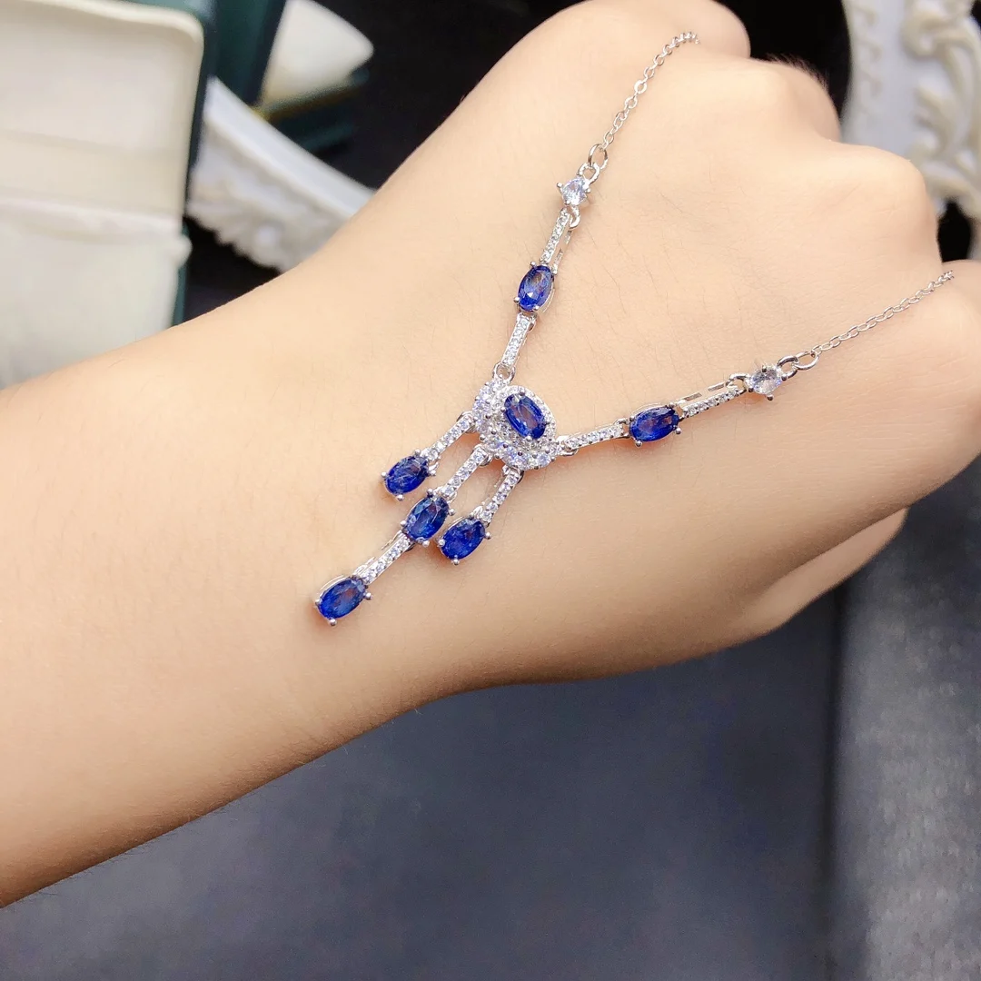 925 pure silver natural sapphire set chain necklace jewelry Fire color good women's luxury jewelry certified boutique