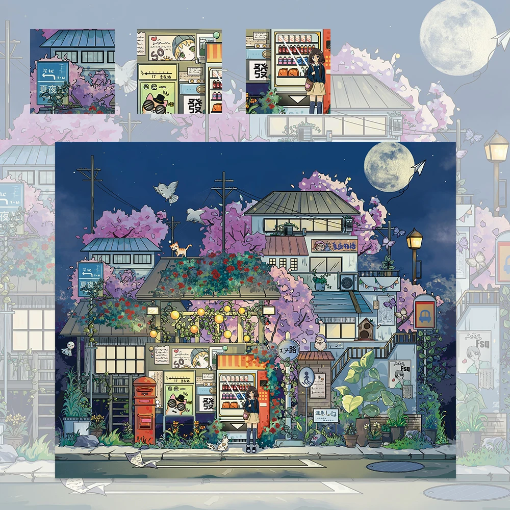 1 set miniatuur scène DIY-stickers zomernacht busstopkit bureau boekenkast decor casual speelspeelgoed voor kunstliefhebbers vakantiecadeau