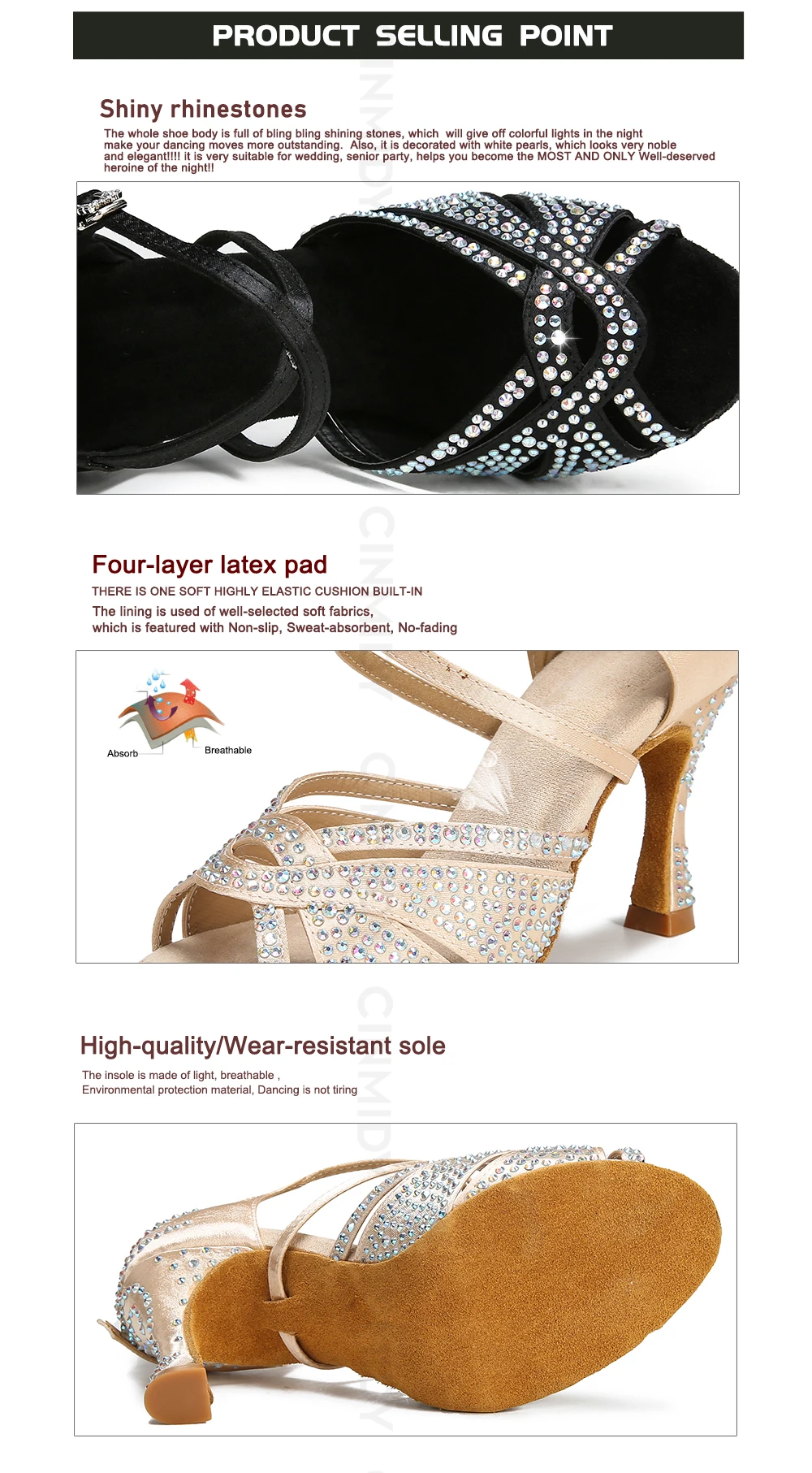 CINMIDY Strass-Latein-Tanzschuhe, Ballsaal-Tanzschuhe, Tango-Chacha-Salsa-Tanzschuhe, Partyschuhe, Weichsohlen-Hochzeitsschuhe – Detail 7