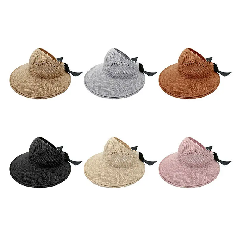 Women Summer Wide Brim Foldable Sun Hat Outdoor Anti-UV Beach Visor Caps Empty Top Straw Hat Fashion Bow-knot Breathable Sun Cap