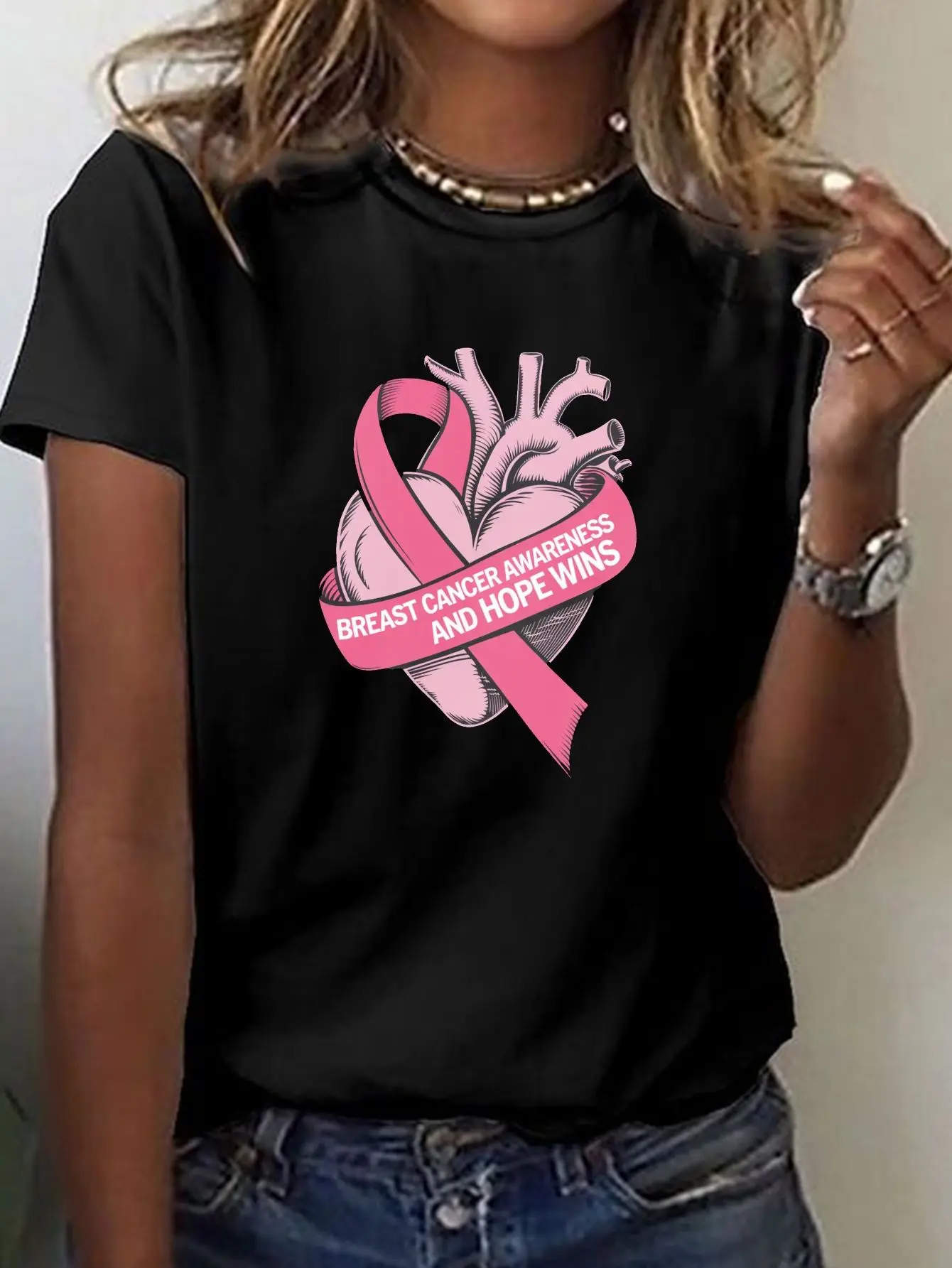 Breast Cancer Awareness and Hope Wins Print T-shirt, Short Sleeve Crew Neck Casual Top for Summer & Spring, Women's Clothing