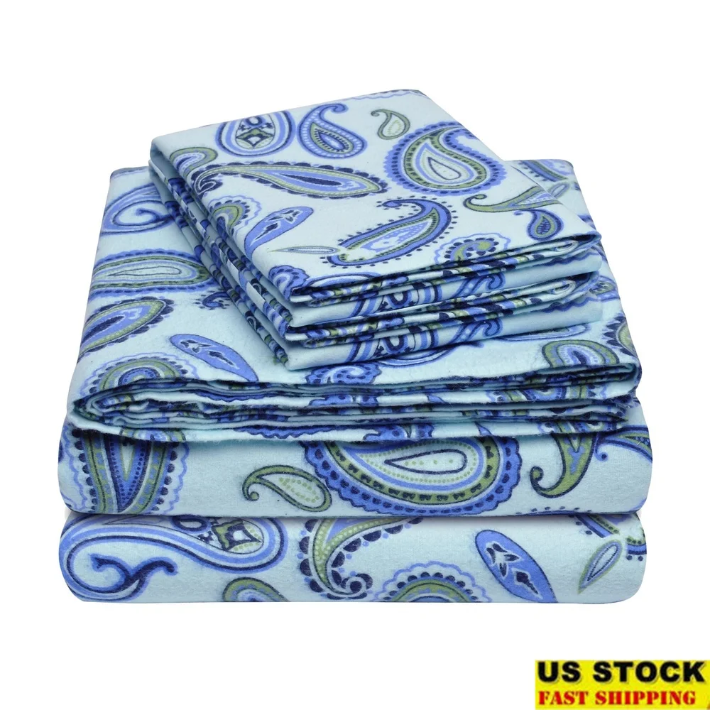 

Premium Flannel Cotton Sheet Set California King Light Blue Vintage Floral Paisley Deep Pocket Bedding Ensemble