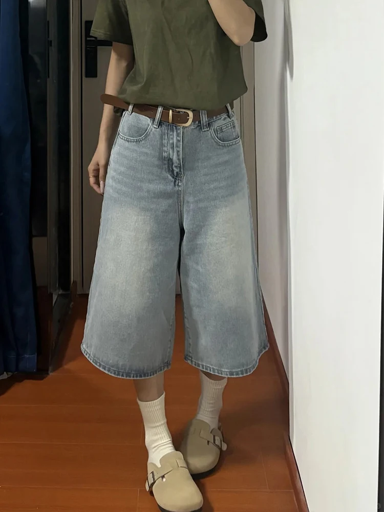 Loose Wide Leg Jeans Women's plus Size Slimming Light Blue Denim Casual High Waist Seven-Five-Length Anti-Wrinkle Cotton Blend