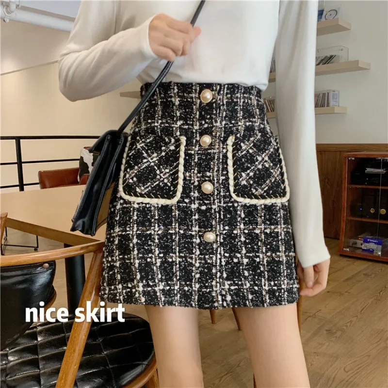 Korean small fragrant woolen plaid skirt skirt women's autumn and winter new fashion temperament high waist casual skirt