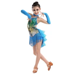 Girls Latin Dance Clothes Kids Salsa Performance Costumes Girls Sequined Figure Skating Dress Outfits