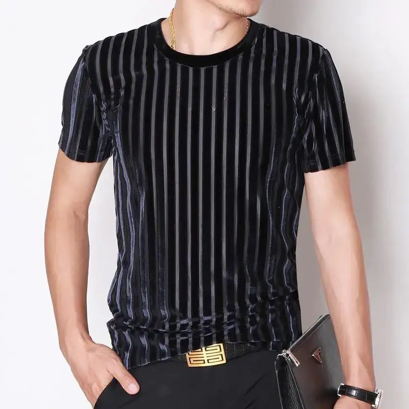 2023 Summer Striped Ice Silk Fabric Tops Men's Round Neck Jacquard Weave Velour Clothes Men Fashion Hollow T-shirt