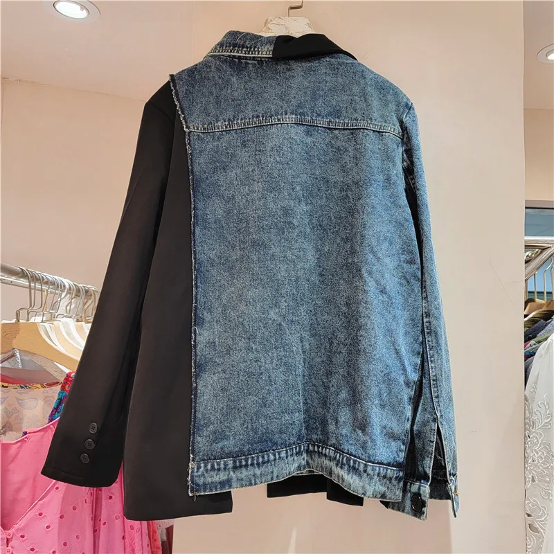 Tannt Women Blazer Asymmetry Denim Patchwork Vintage Blazers Jacket Irregular Color Matching Fashion Suit Coats Women 2023 New