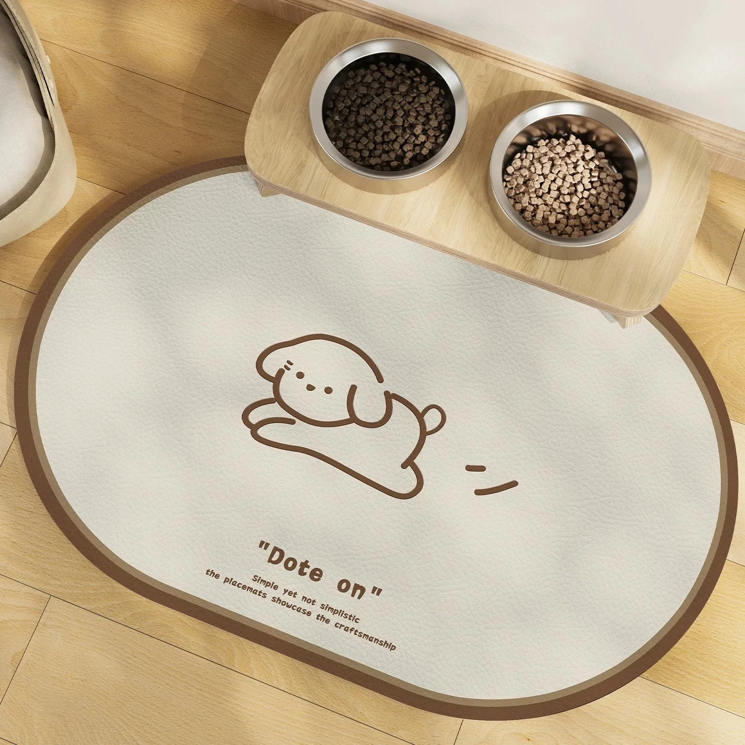 Oval Solid Color Cartoon Pet Feeding Mat Waterproof Leather Dog Cat Food Bowl Placemat Non-Slip Floor Protector
