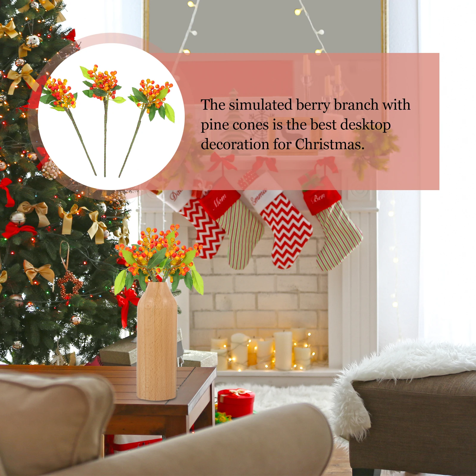 

3Pcs Artificial Christmas Simulation Berry Branch Decorative Berry Ornament for Tree Garland Wreath Wedding Car Decor Festival