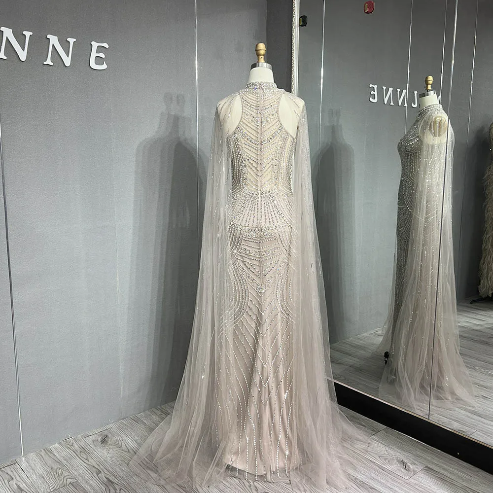 YQLNNE 2024 Luxury Nude Mermaid Evening Dresses with Cape Sleeves High Neck Wedding Formal Party Gowns Dubai