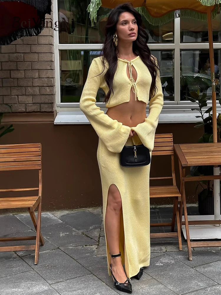 베이잉니 여성 카디건 + 롱 스커트 투피스 세트 섹시 클럽 슬림핏 스플릿 맥시 스커트 여성용 옐로우 그린 매칭 세트
