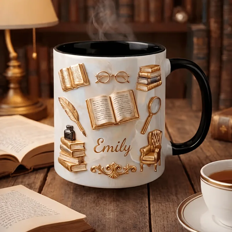Nieuwe keramische mok, een creatief cadeau met een 2D-afbeelding, geschikt als decoratie voor boeken, koffiemok of waterbeker.