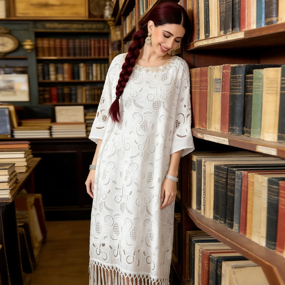 

Элегантное дубайское платье-абайя с вышивкой и кисточками для мусульманок, на Рамадан и Ид, джеллаба, турецкий кафтан, марокканский женский кафтан, платье-джалабия