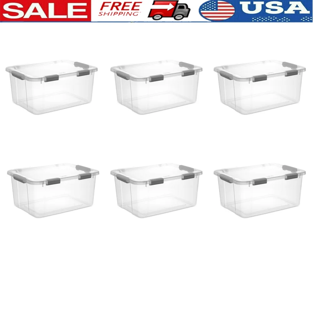 

60 Quart Clear Plastic Storage Bins with Hinged Latch Lid Pack of 6 Sturdy Handles Easy Access Ideal Organizing Household Items