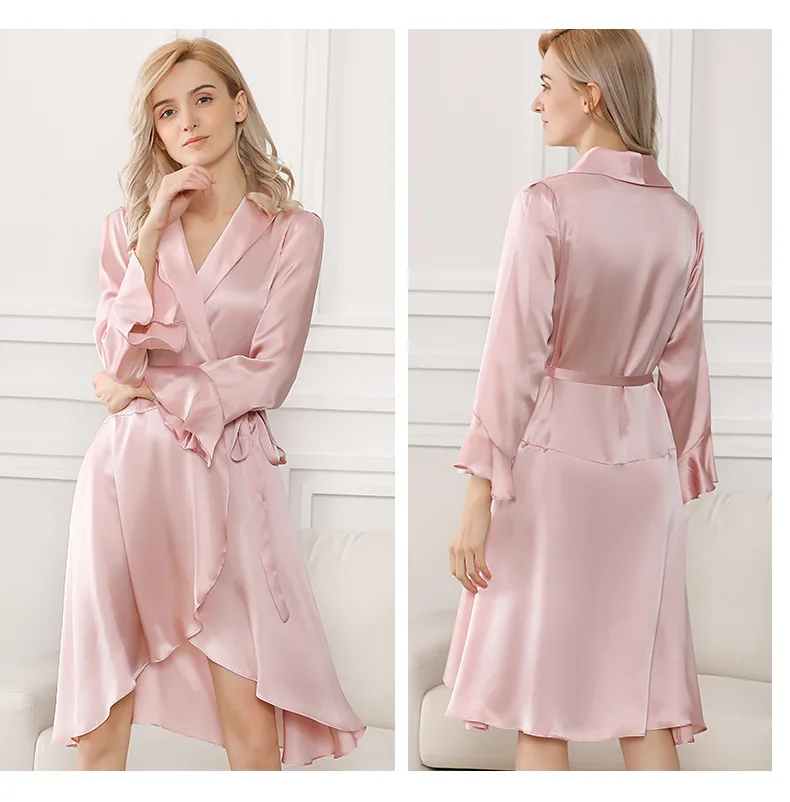 High Quality Real Silk Women Sleepwear Pajama Nightdress Ruffle Bridesmaid Silk Robe Sleeping Wear 100% Silk Mulberry Nightgowns