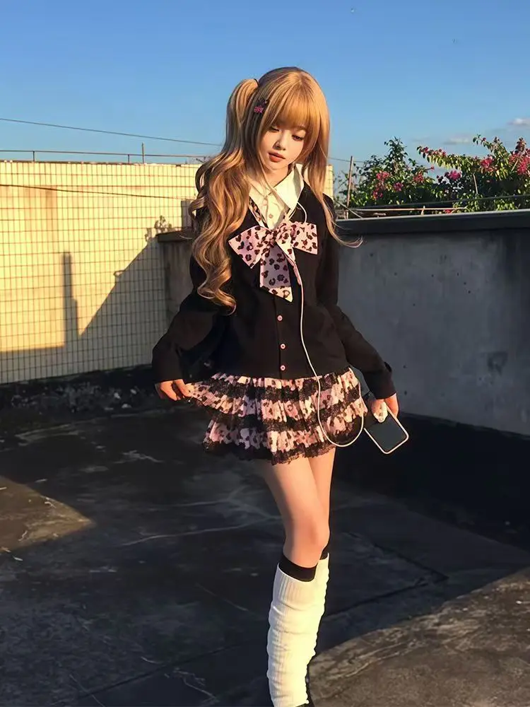 اليابانية Kawaii الرجعية لينة فتاة تنورة مجموعات لوليتا الحلو ولطيف بلوزات بأكمام طويلة + Y2k الدانتيل كعكة تنورة 2025 الخريف ملابس جديدة