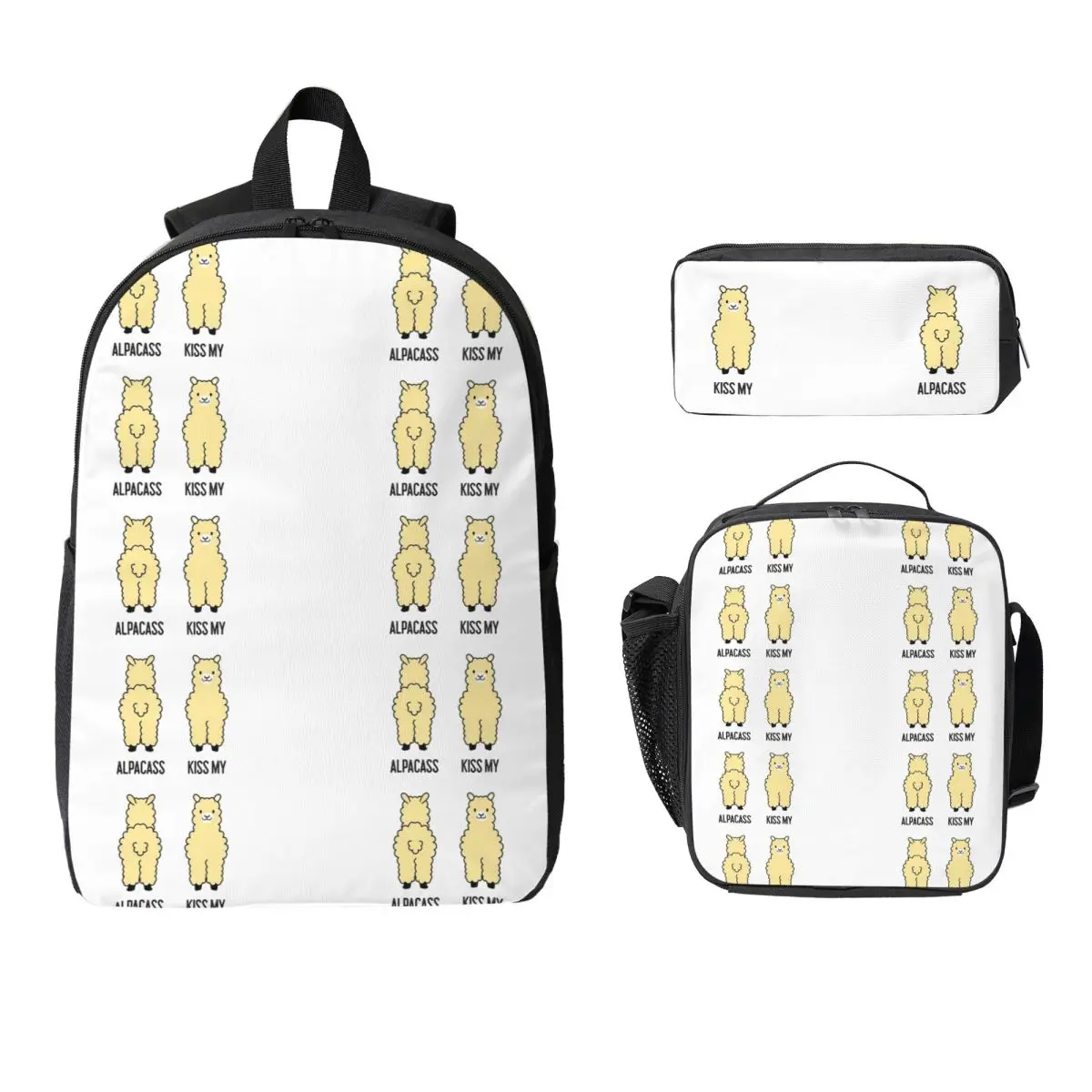 2-Sided Kiss My Alpacass Funny Alpaca Llama Backpack Student Boys Girls BookBag School Bag 3ps Insulated Lunch Bag Pencil Case