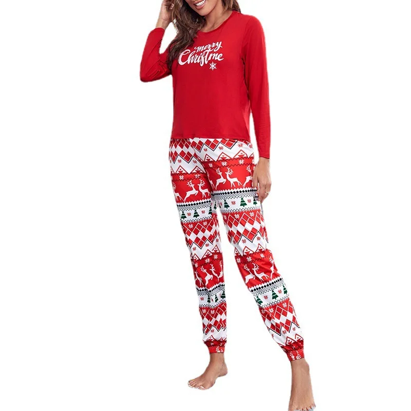 Pijamas Christmas Gift Sleepwear Spring Autumn Female 2PCS Pajamas Set Red Print Elk Long Sleeve Trouser Suits Loose Home Wear