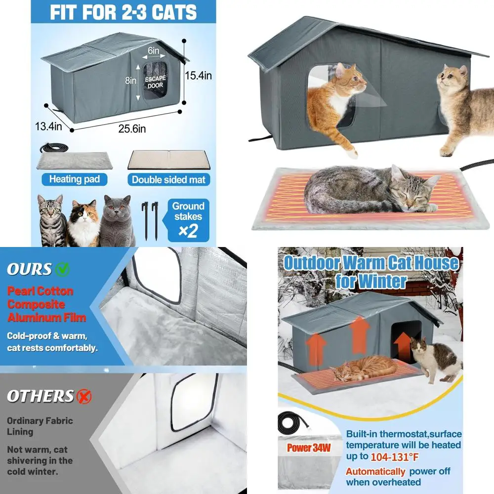 

Outdoor Insulated Heated Cat Shelter with Thermostatic Pad and Escape for 2-3 Cats (Large)