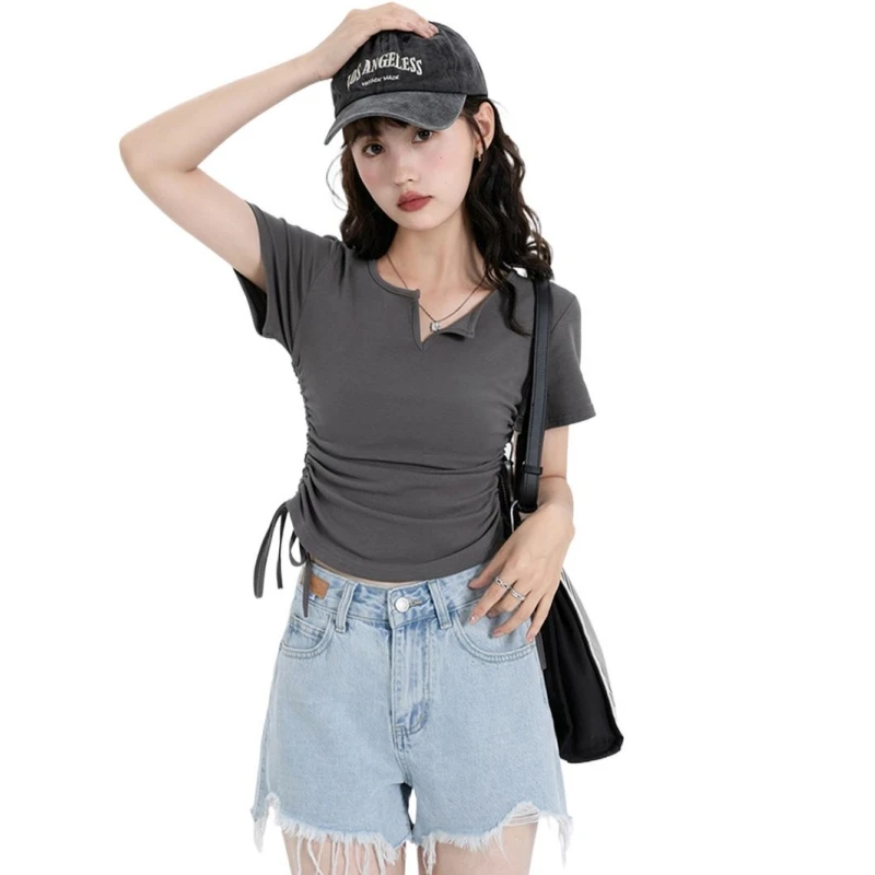 

Women Stylish Solid T-Shirt Short Sleeve V-Neck Slim Fit Crop Top Summer Side Shirring Casual Shirts Preppy Style Girl Chic Tops