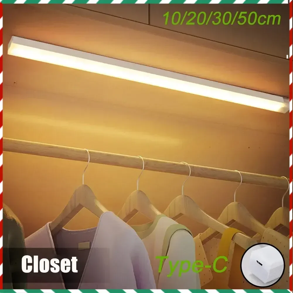 ไฟ LED ตู้เสื้อผ้าแบบมีเซ็นเซอร์ตรวจจับความเคลื่อนไหว ชาร์จไฟได้แบบ Type C ไฟกลางคืนแบบเหนี่ยวนำไร้สาย พกพาสะดวก สำหรับตู้เสื้อผ้าและทางเดิน